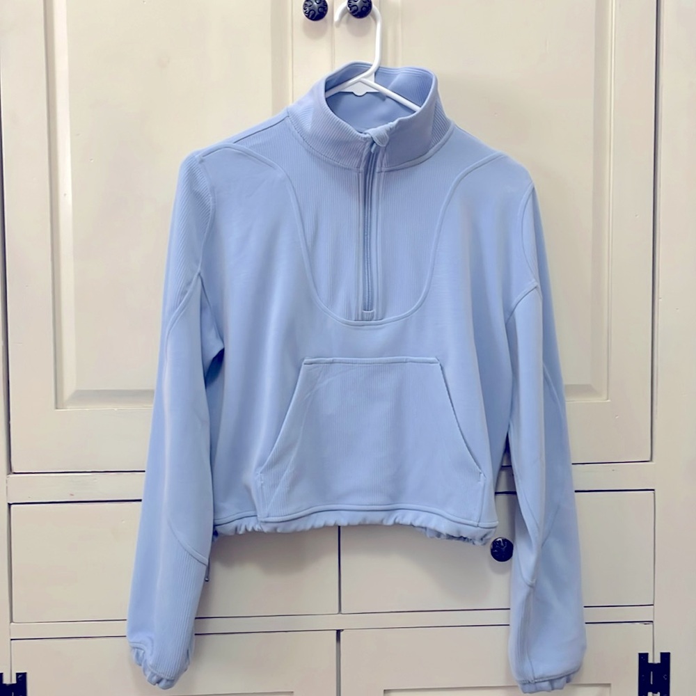 Lululemon Brushed Soft Stream Ribbed Half Zip, light blue. Size 4